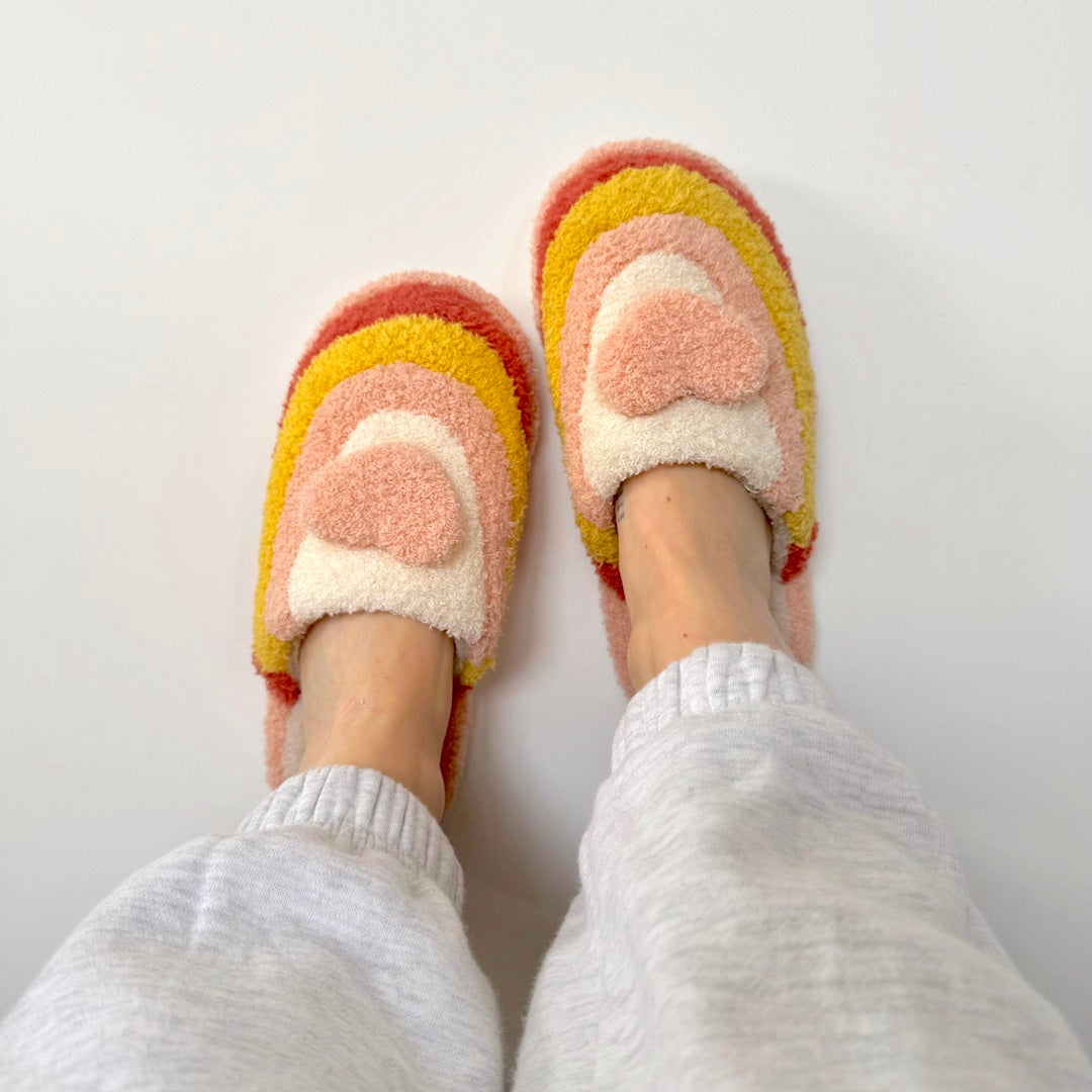 Plush Rainbow Heart Slippers