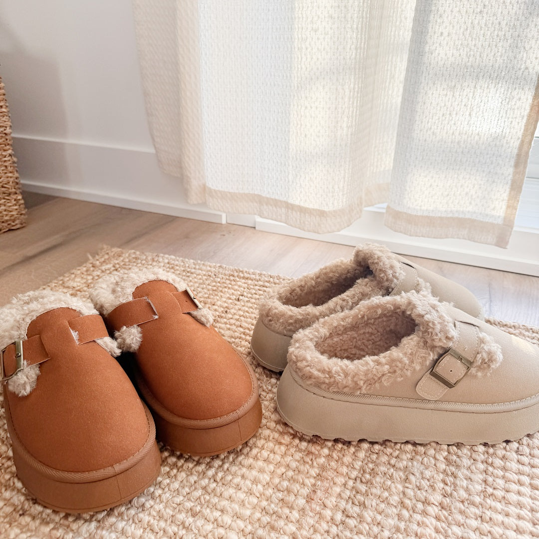 Fleece Lined Buckle Platform Slippers