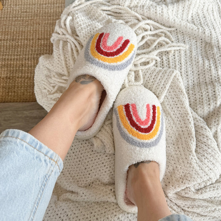 Rainbow and Flowers Plush Slippers - Buy 1 Get 1 Free