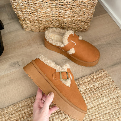 Fleece Lined Buckle Platform Slippers