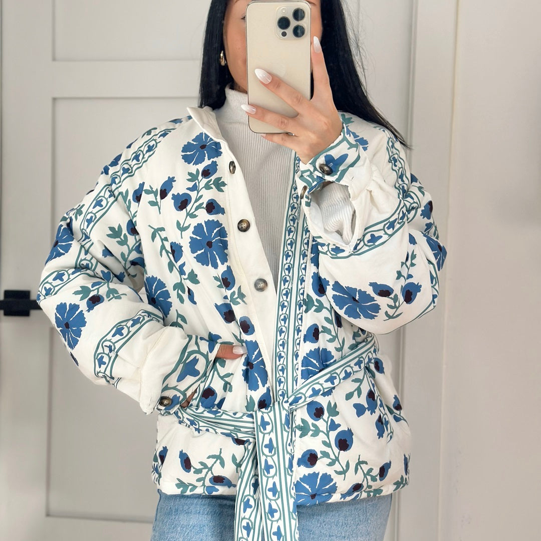 Floral Print Jacket with Belt