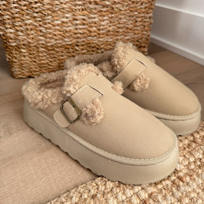 Fleece Lined Buckle Platform Slippers