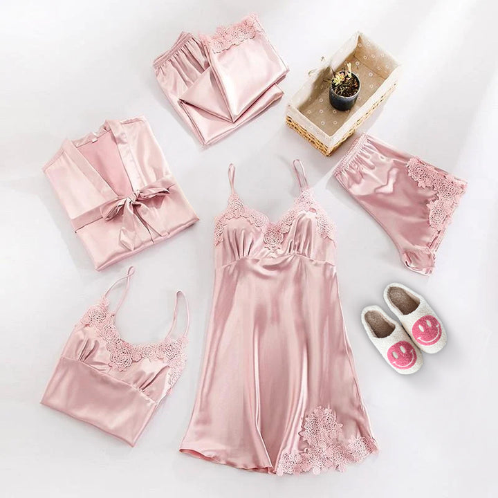 Satin Sleepwear Pajama Set 5 Piece Soft Nightgown Robe Camisole Pants Shorts Loungewear Nightdress Jammies Silk Bridal Sexy Pjs For Women Pink M
