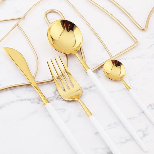 Visions Heavy Weight Elegant Gold Cutlery Set with White Linen